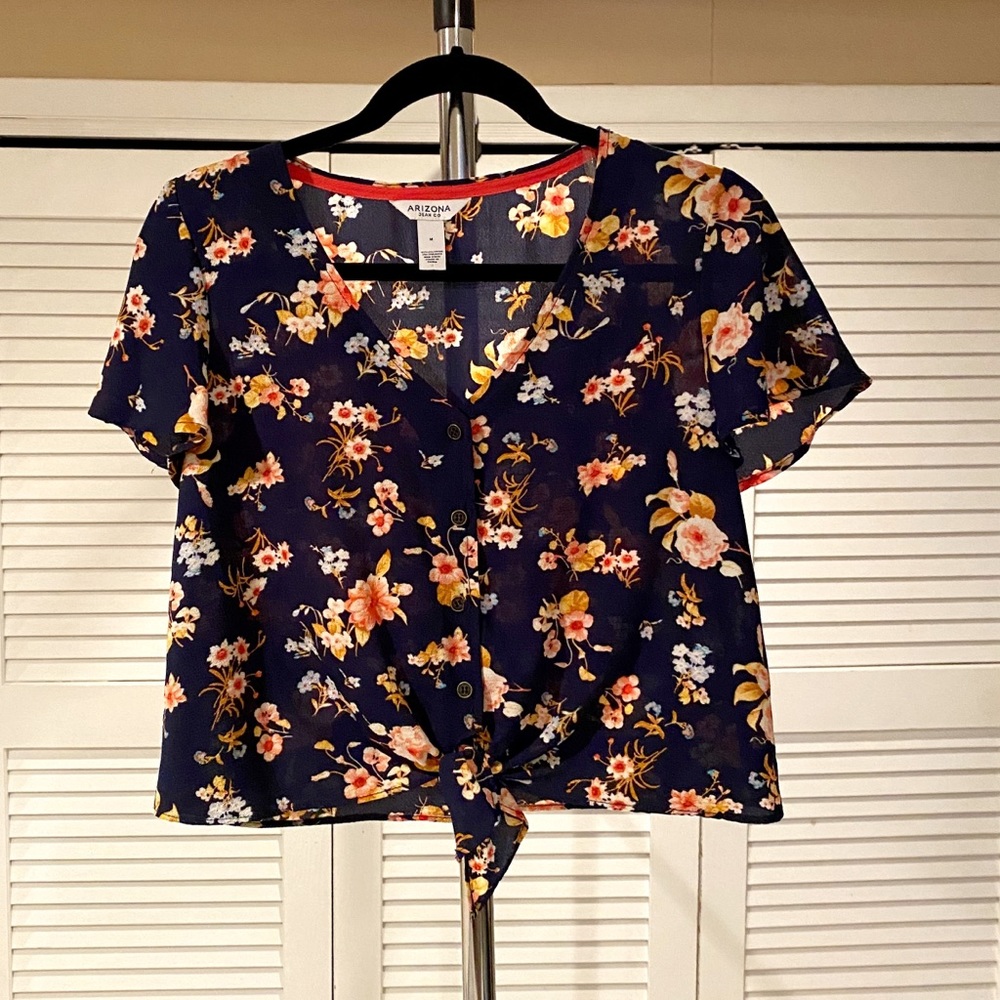 Floral button up blouse with tie
